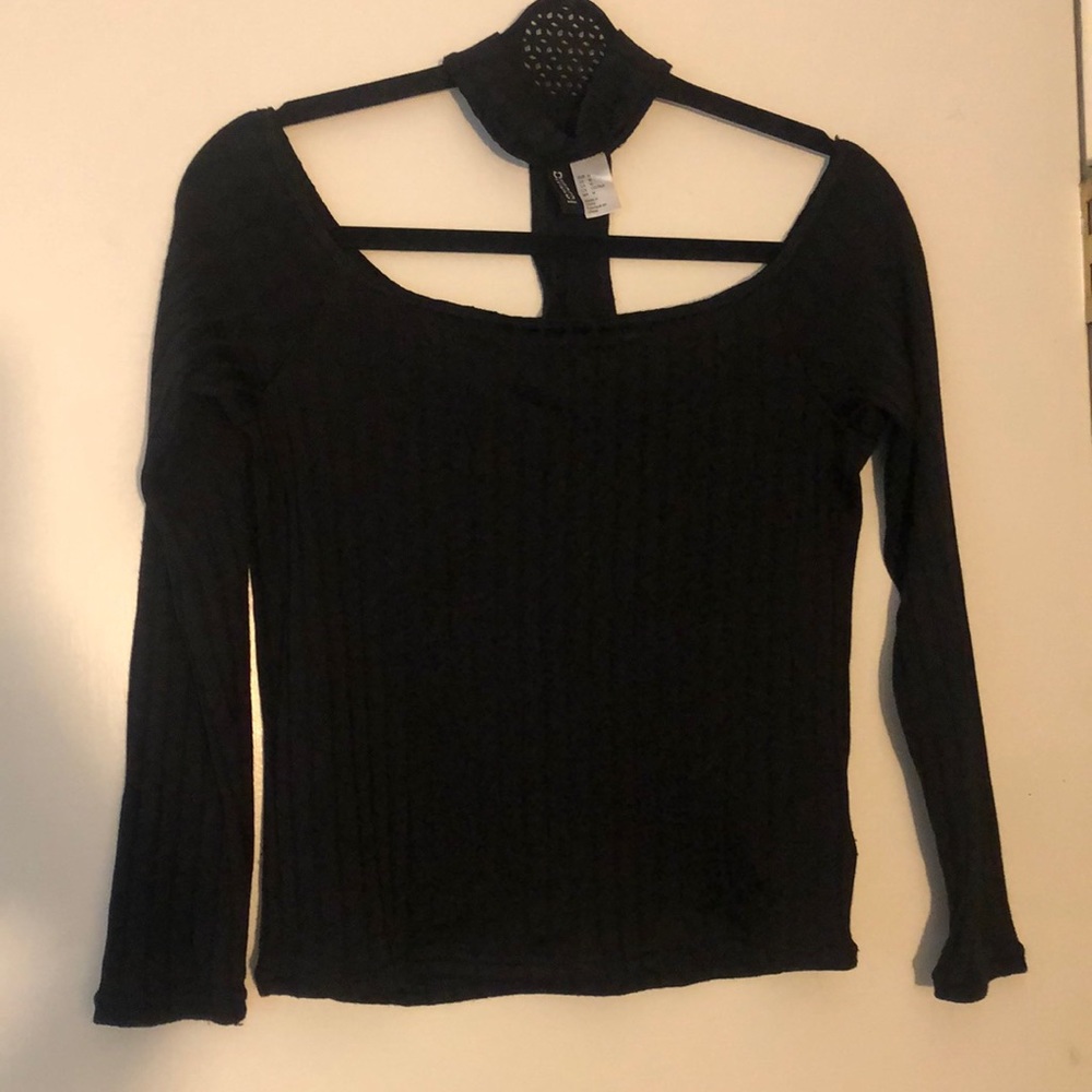 Black Off The Shoulder Long Sleeve Top with Built in Choker, Size M